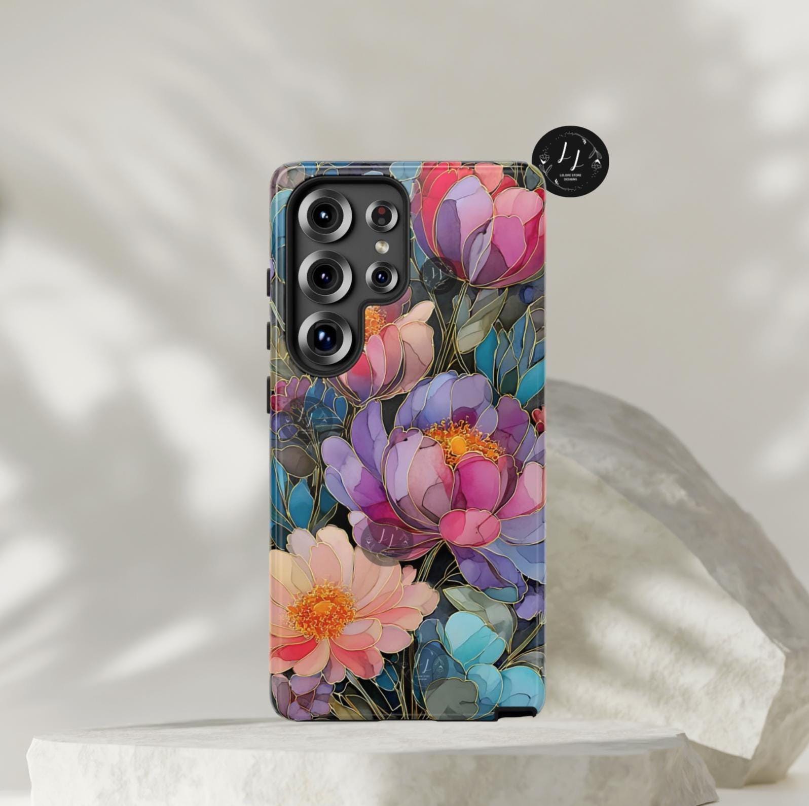Romantic Floral Aesthetic Faux Stained Glass Phone Case, Coquette Cove Mosaic iPhone 16 15 14 13, Galaxy S25 Ultra case, Pixel 9 pro case