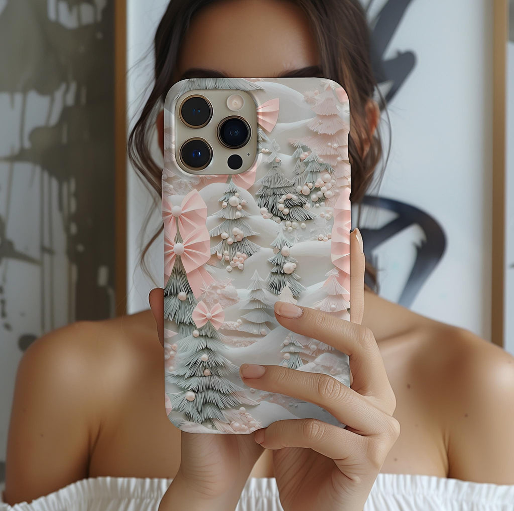 Winter Wonderland Phone Case: Snowy Forest with Pink Bows
