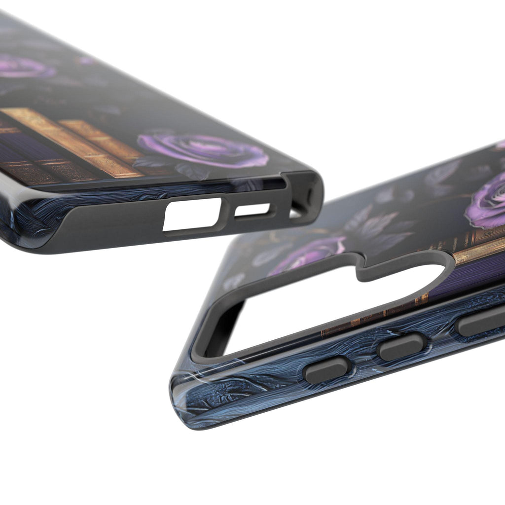 Gothic Bookshelf Phone Case: Purple Floral Book Lover Design