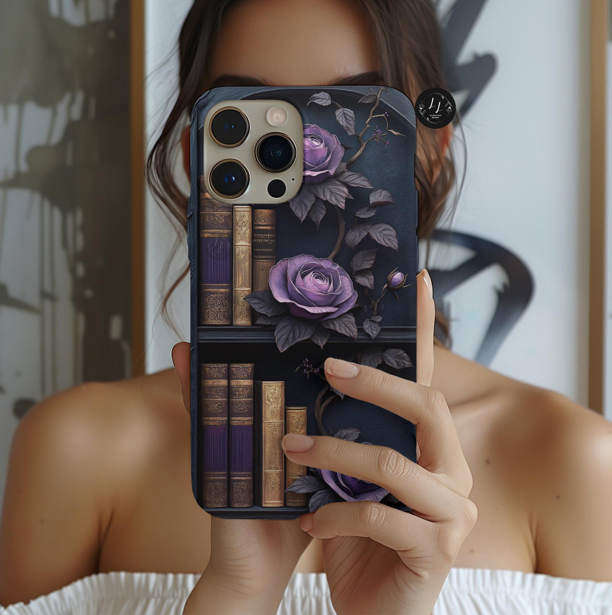 Gothic Bookshelf Phone Case: Purple Floral Book Lover Design