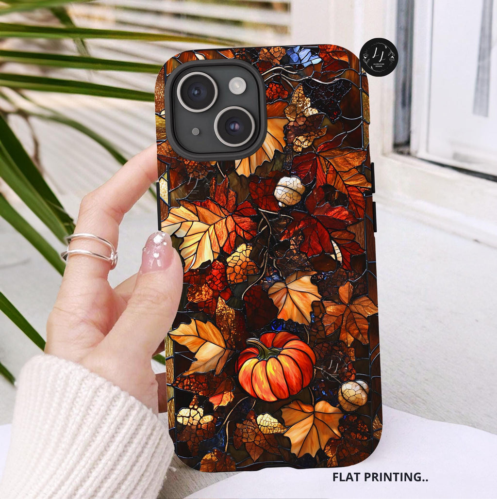 Faux Stained Glass Maple Leaf Phone Case: Cozy Fall iPhone, Galaxy, Pixel Autumn cover