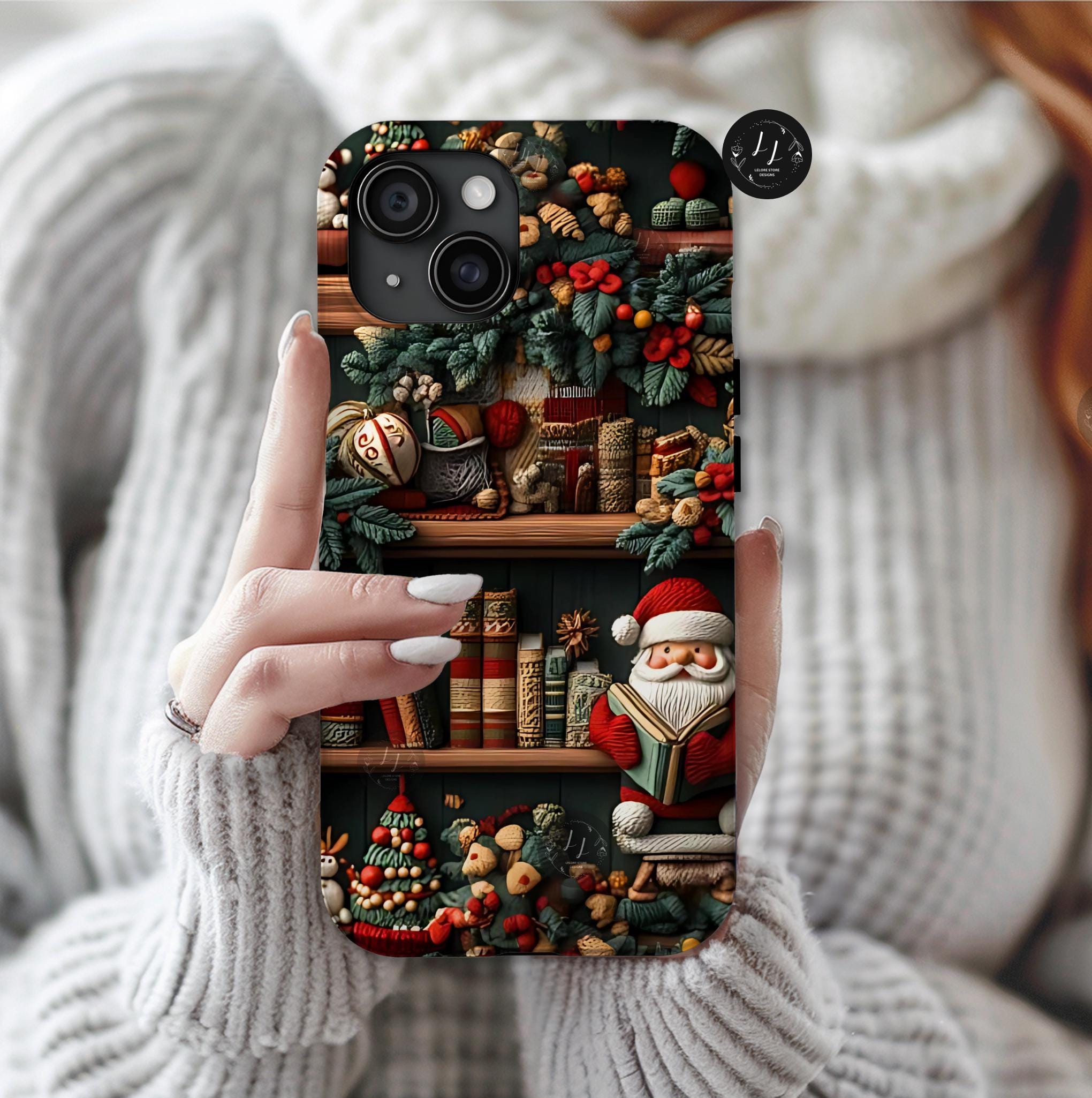 Bookish Christmas Bookshelf Phone Case: Santa Claus Lovers Gift