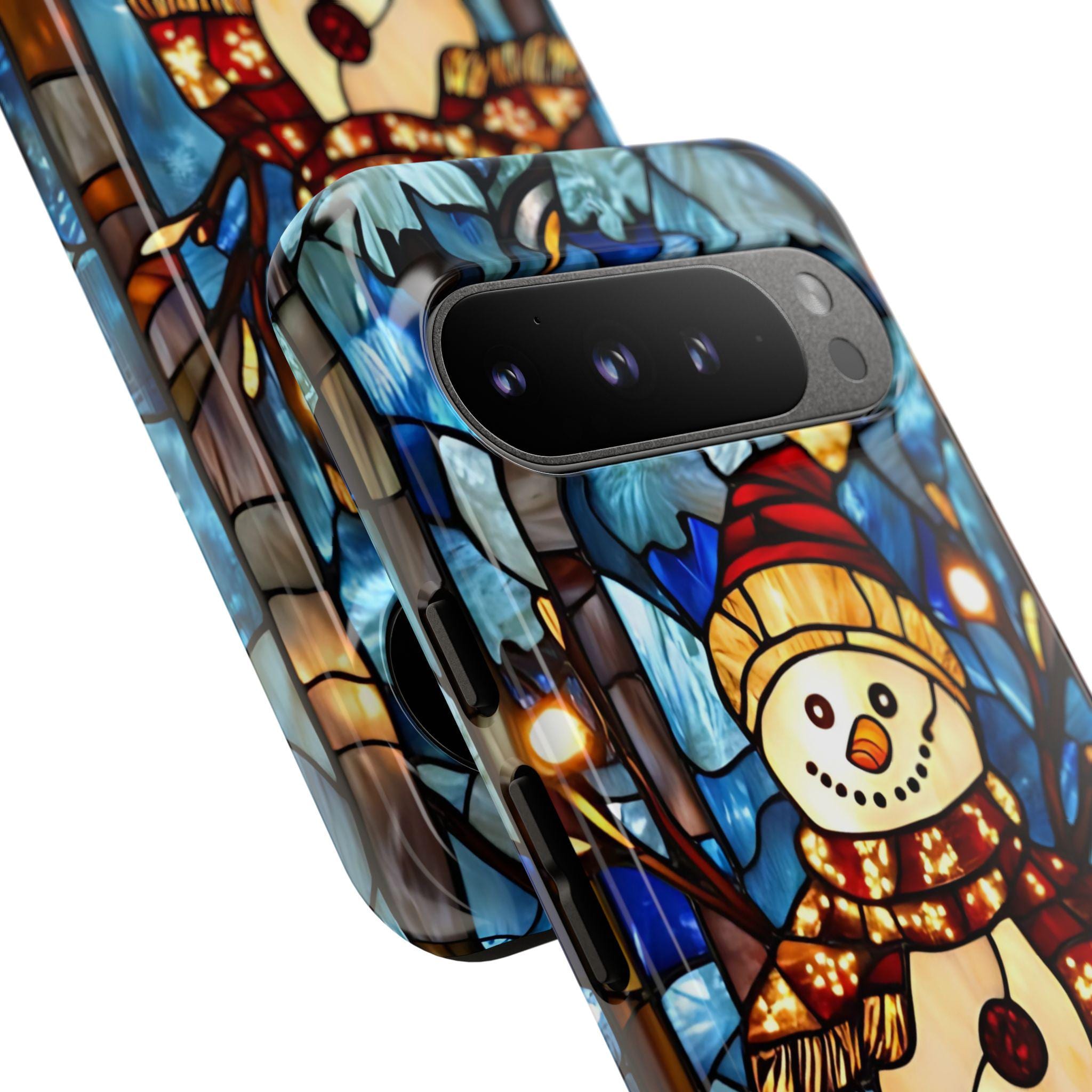 Faux Stained Glass Snowman Christmas Phone Case,  Festive Winter Touch Cover, iPhone, Galaxy, pixel