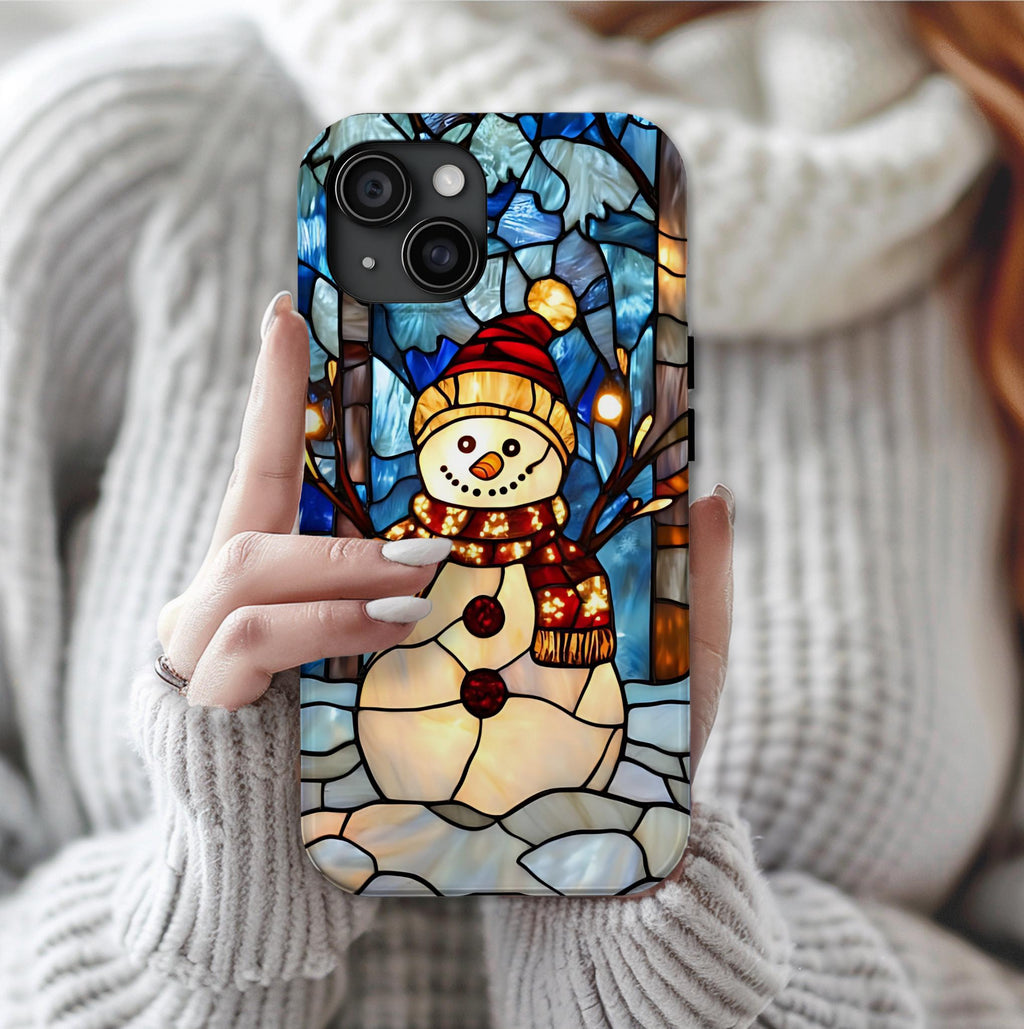 Faux Stained Glass Snowman Christmas Phone Case,  Festive Winter Touch Cover, iPhone, Galaxy, pixel