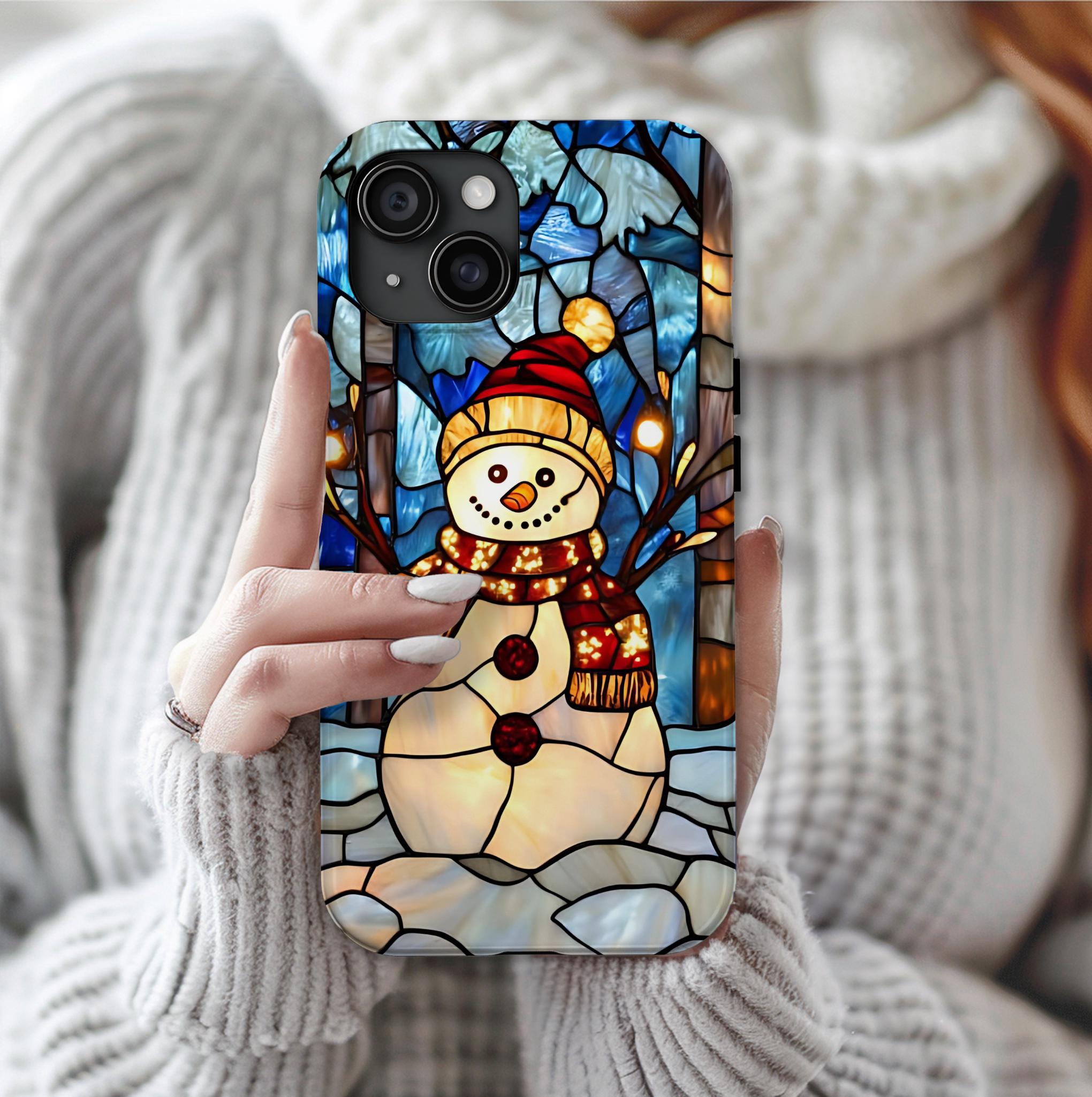 Faux Stained Glass Snowman Christmas Phone Case,  Festive Winter Touch Cover, iPhone, Galaxy, pixel