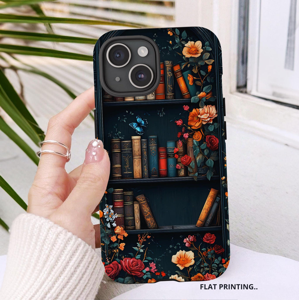 Floral Bookshelf Phone Case: Book Lover Gift