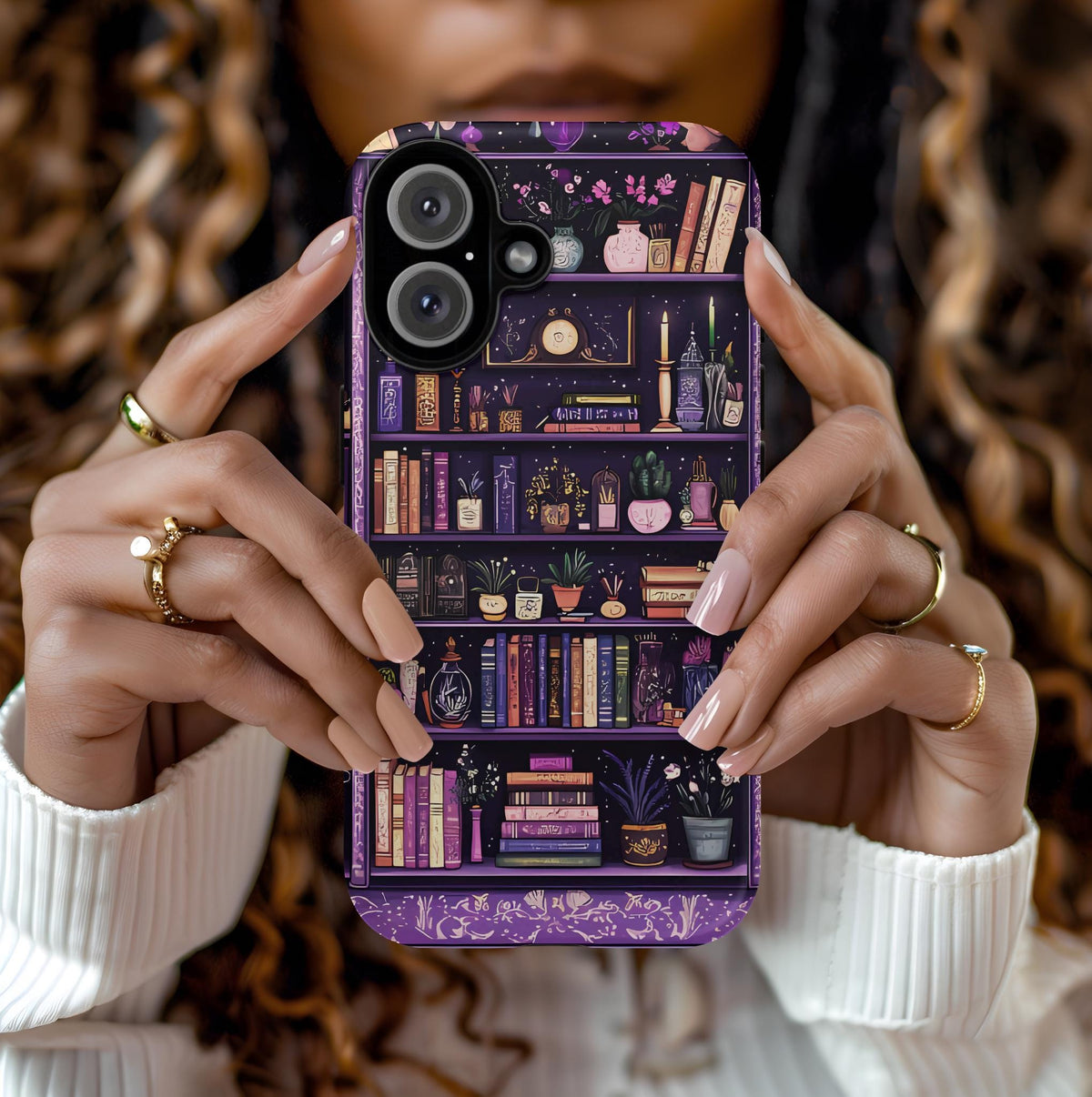 Floral Bookshelf Phone Case: Vintage Book Lover Gift