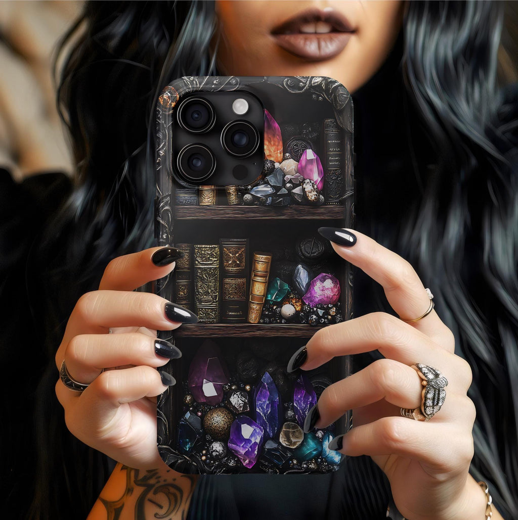 Celestial Bookshelf Phone Case: Mystical Gemstone Library Design