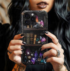 Celestial Bookshelf Phone Case: Mystical Gemstone Library Design