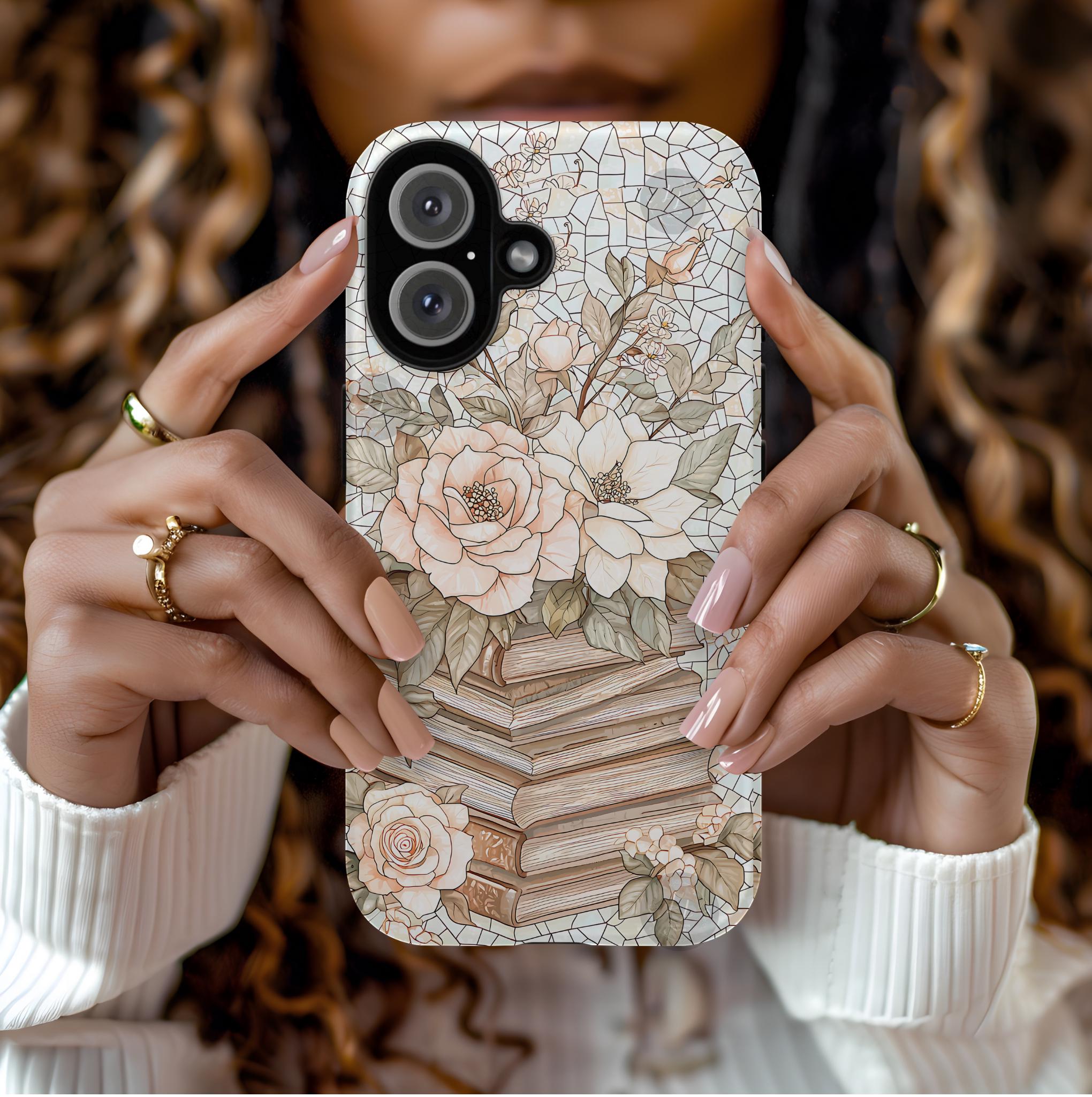 Fall Floral Faux Stained Glass Phone Case: Book Lover Gift