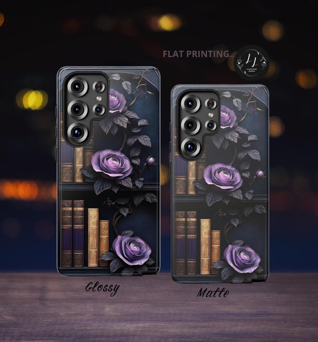 Gothic Bookshelf Phone Case: Purple Floral Book Lover Design