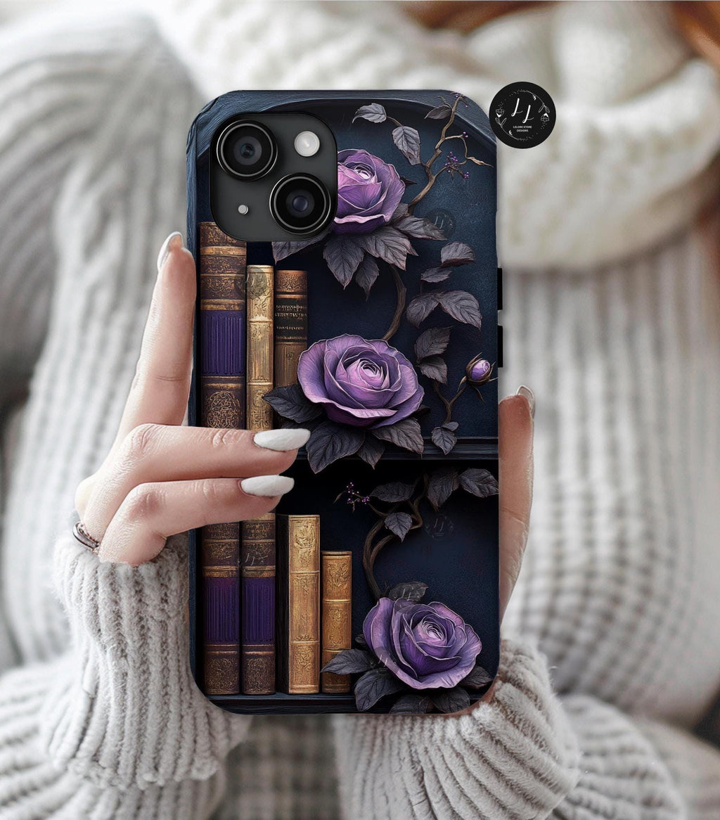 Gothic Bookshelf Phone Case: Purple Floral Book Lover Design