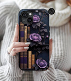 Gothic Bookshelf Phone Case: Purple Floral Book Lover Design