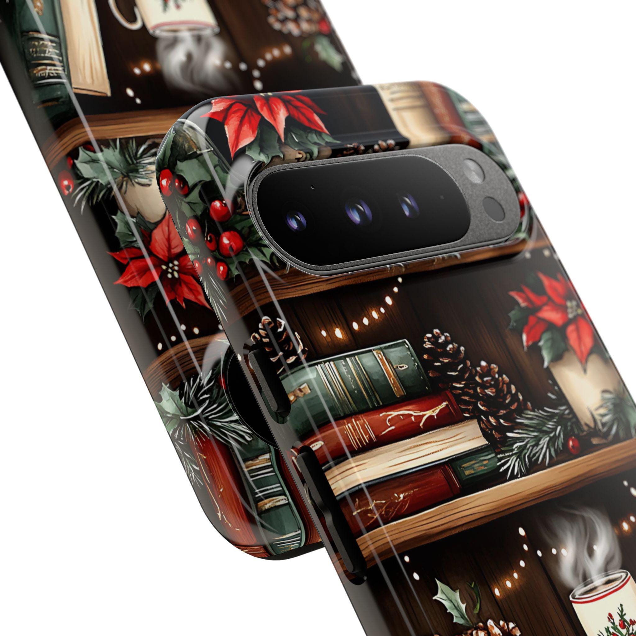 Christmas Bookshelf Phone Case: Festive Holiday Coffee Lover Gift