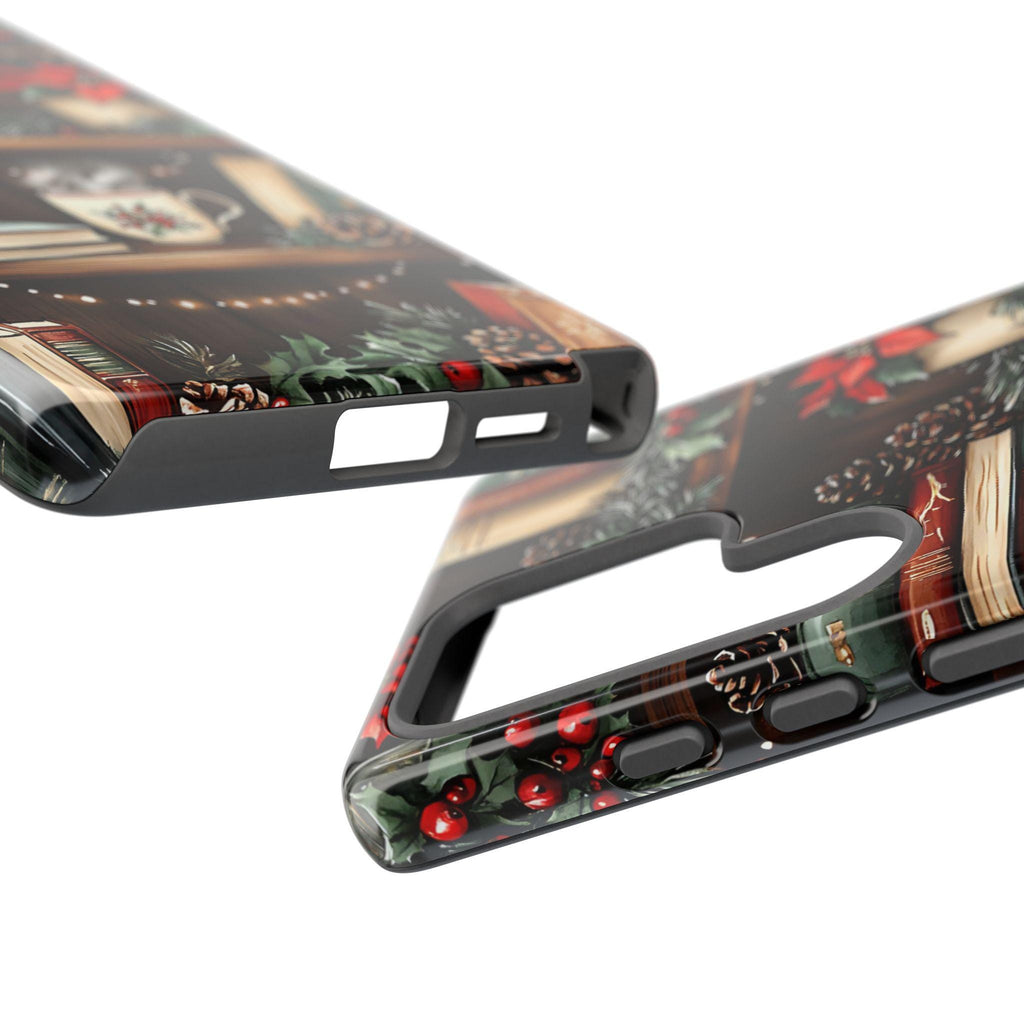 Christmas Bookshelf Phone Case: Festive Holiday Coffee Lover Gift