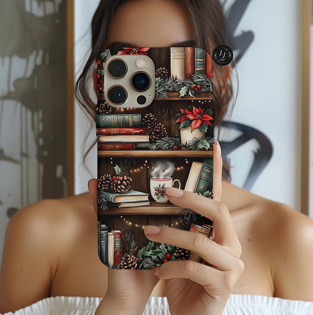 Christmas Bookshelf Phone Case: Festive Holiday Coffee Lover Gift