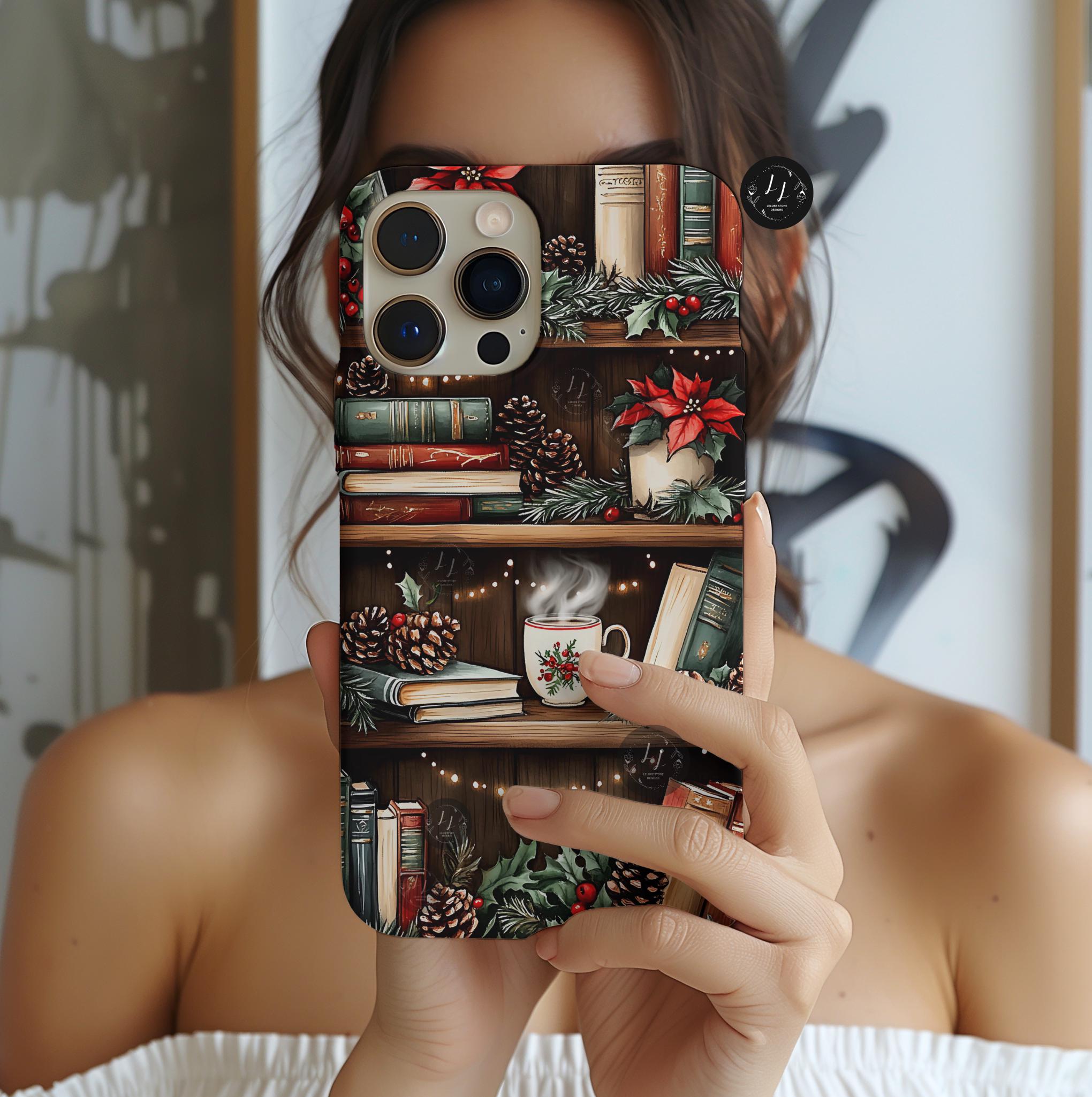 Christmas Bookshelf Phone Case: Festive Holiday Coffee Lover Gift