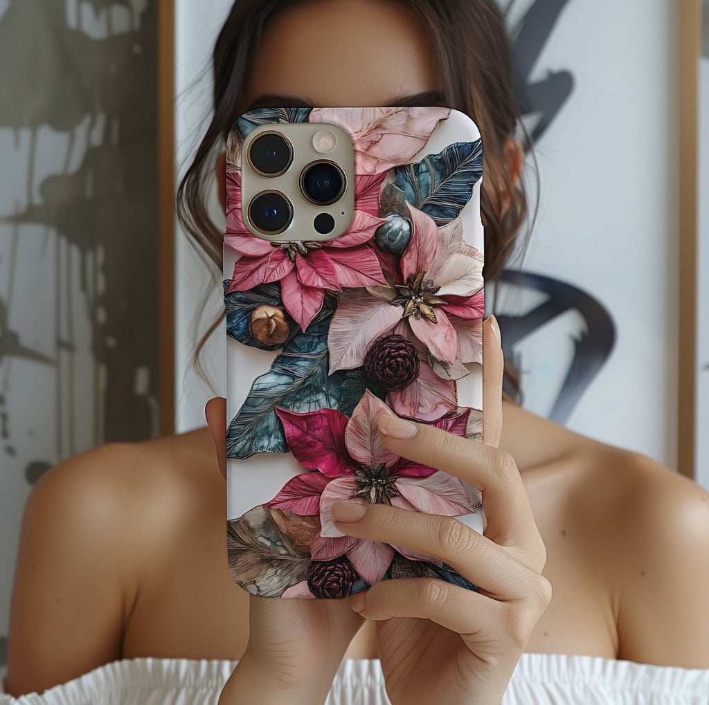 Boho Poinsettia Christmas Phone Case: Metallic Accents, Festive Holiday Cover
