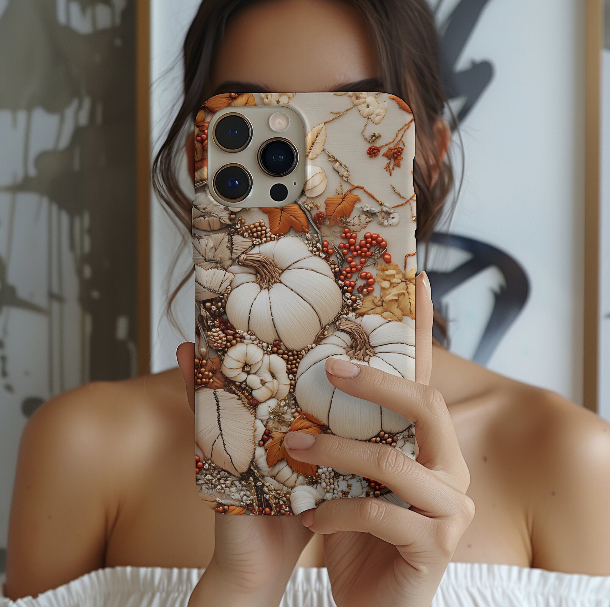 Embroidered Autumn Leaves Phone Case: Fall Pumpkins Design