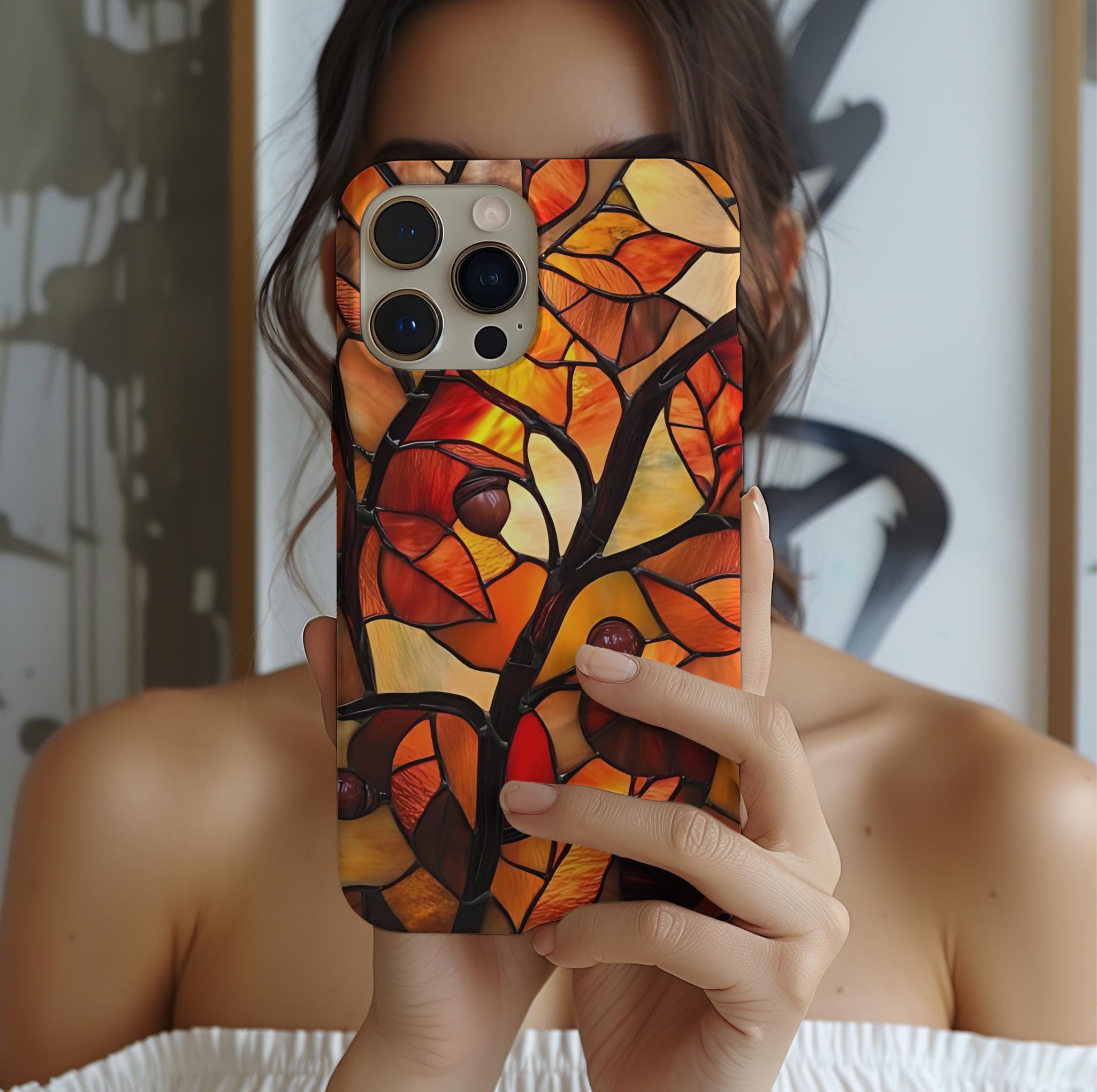 Faux Stained Glass Autumn Leaves Phone Case: Fall Mosaic Cover