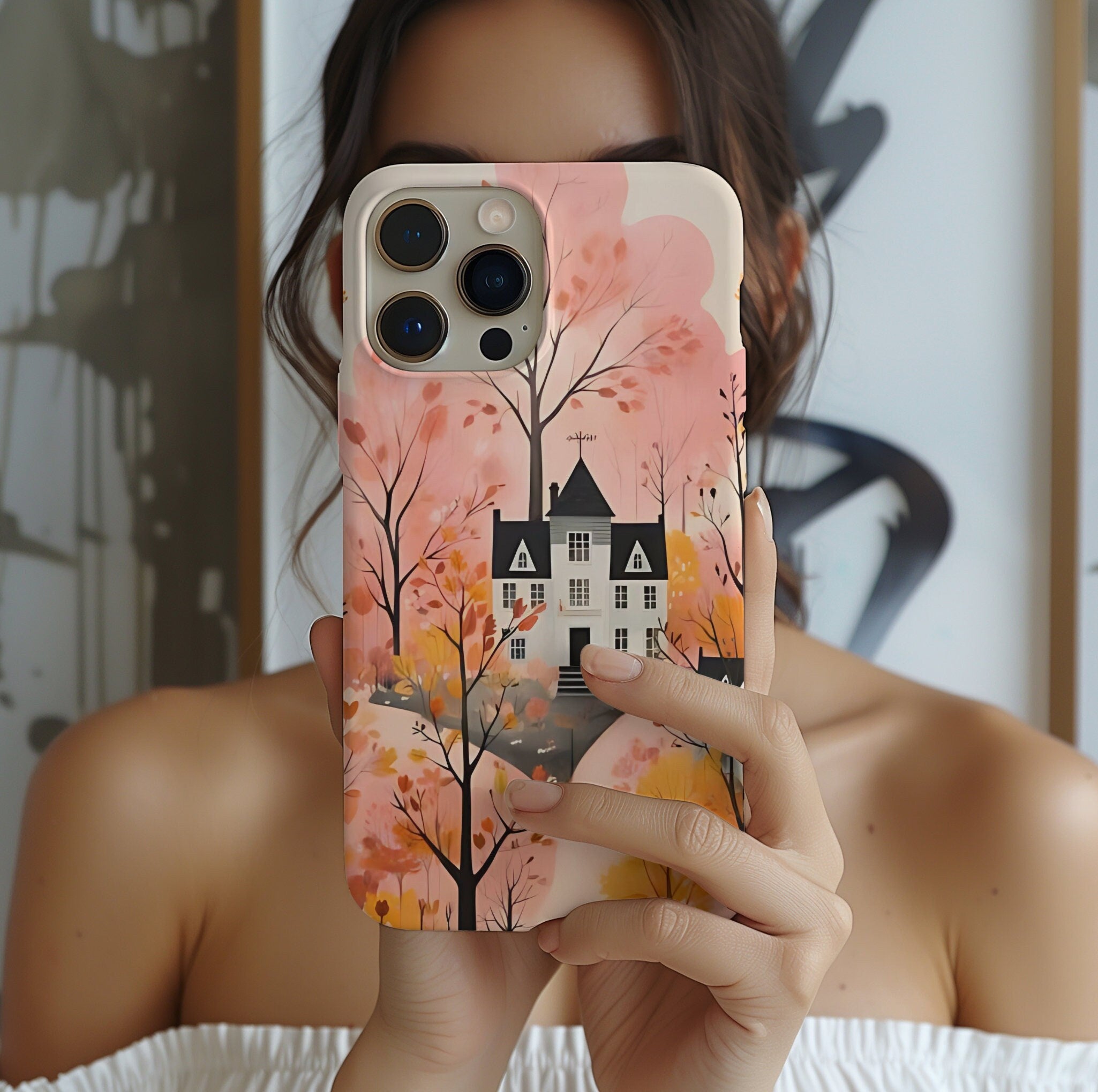 Autumn Forest House Phone Case – Pastel Orange Fall Aesthetic, Cozy Woodland Autumn Phone Cover, Cute iPhone Galaxy Pixel Case