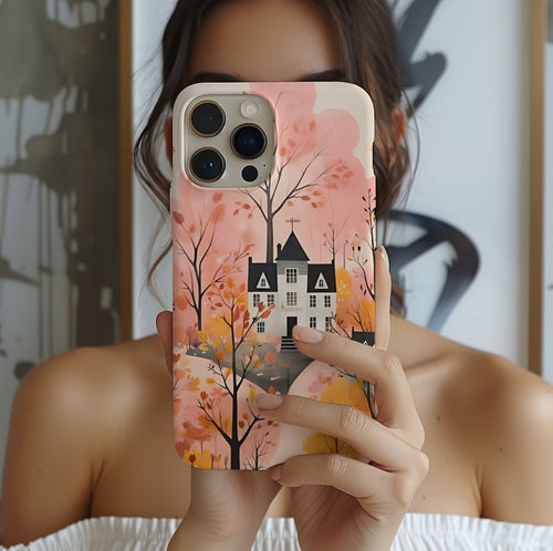 Autumn Forest House Phone Case – Pastel Orange Fall Aesthetic, Cozy Woodland Autumn Phone Cover, Cute iPhone Galaxy Pixel Case