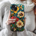 Faux Stained Glass Bee & Wildflower Phone Case: Boho Floral Design