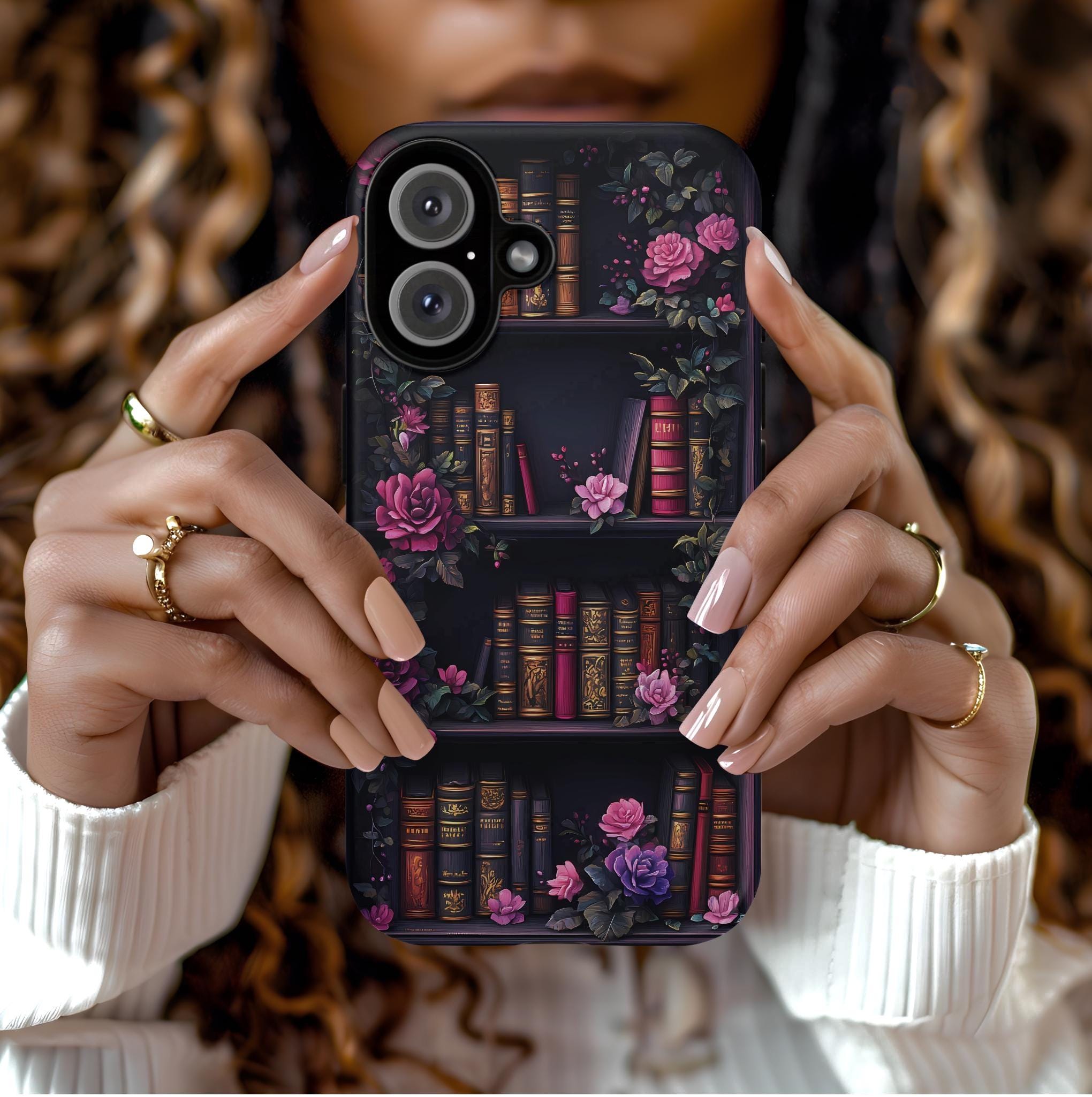 Floral Bookshelf Phone Case, Dark Academia Bookish Design