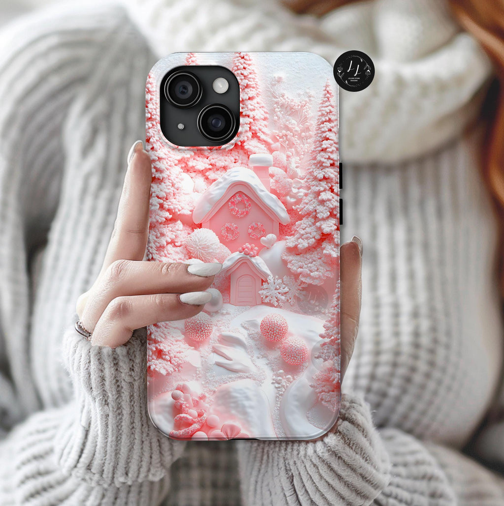 Pink Winter Forest Phone Case: Snowy Christmas Tree Holiday Cover