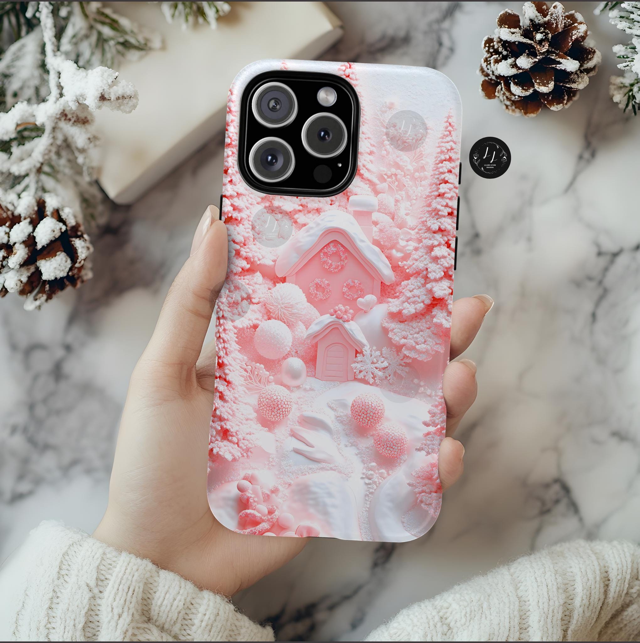 Pink Winter Forest Phone Case: Snowy Christmas Tree Holiday Cover