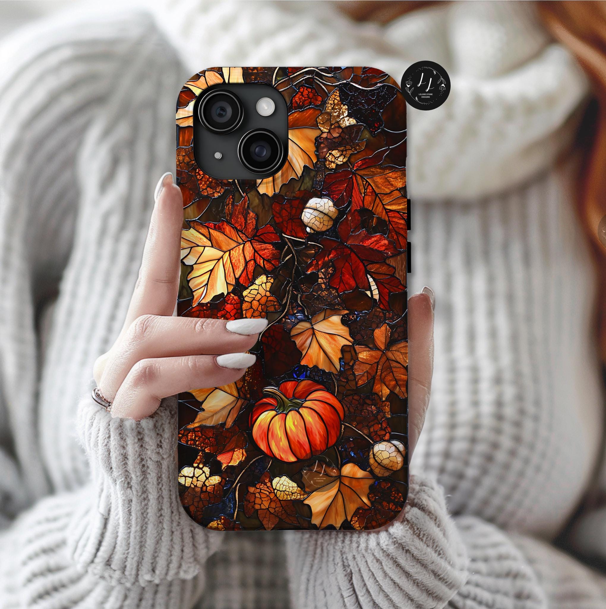 Faux Stained Glass Maple Leaf Phone Case: Cozy Fall iPhone, Galaxy, Pixel Autumn cover