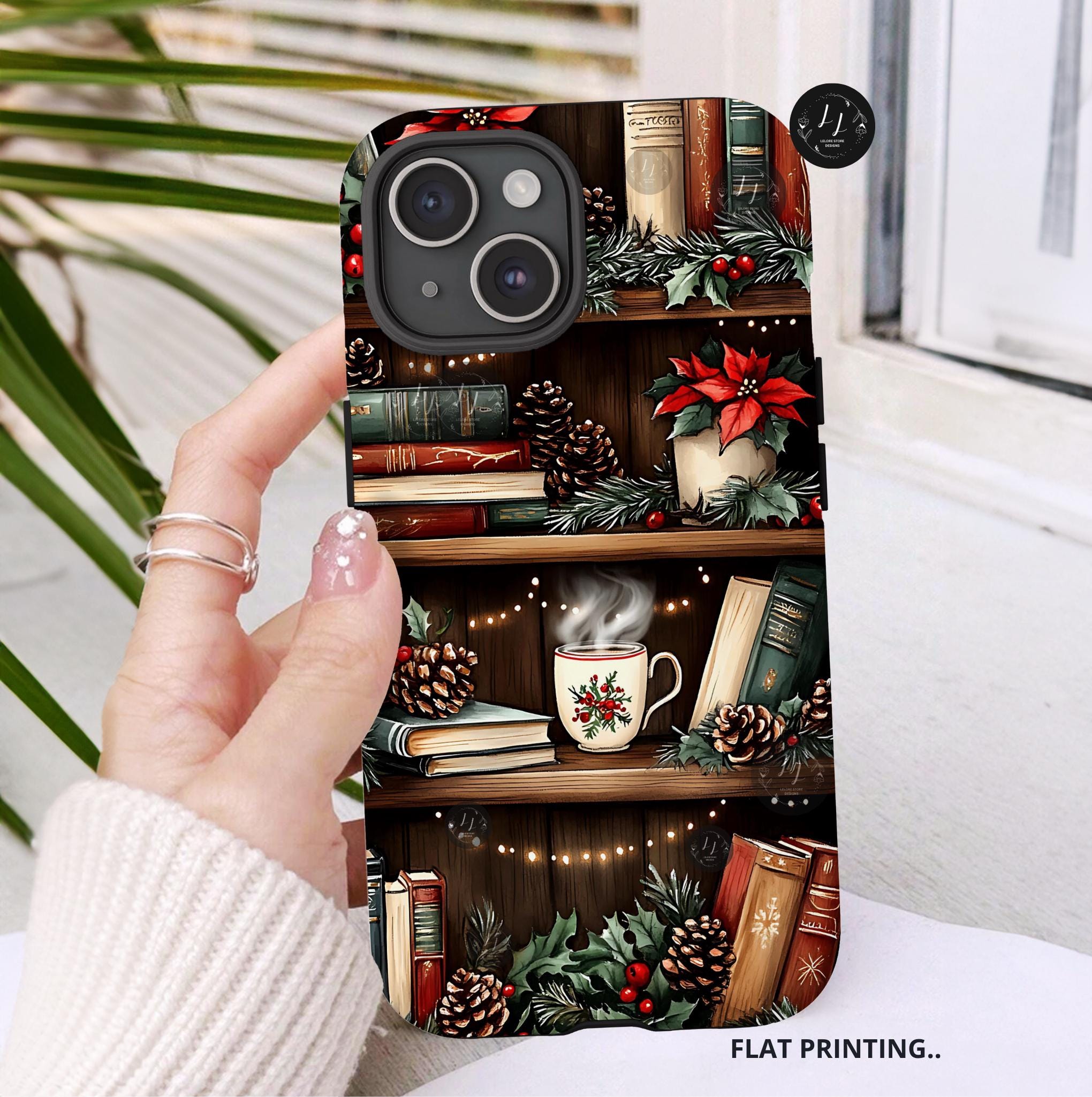 Bookish Christmas Phone Case: Cozy Holiday Bookshelf Design