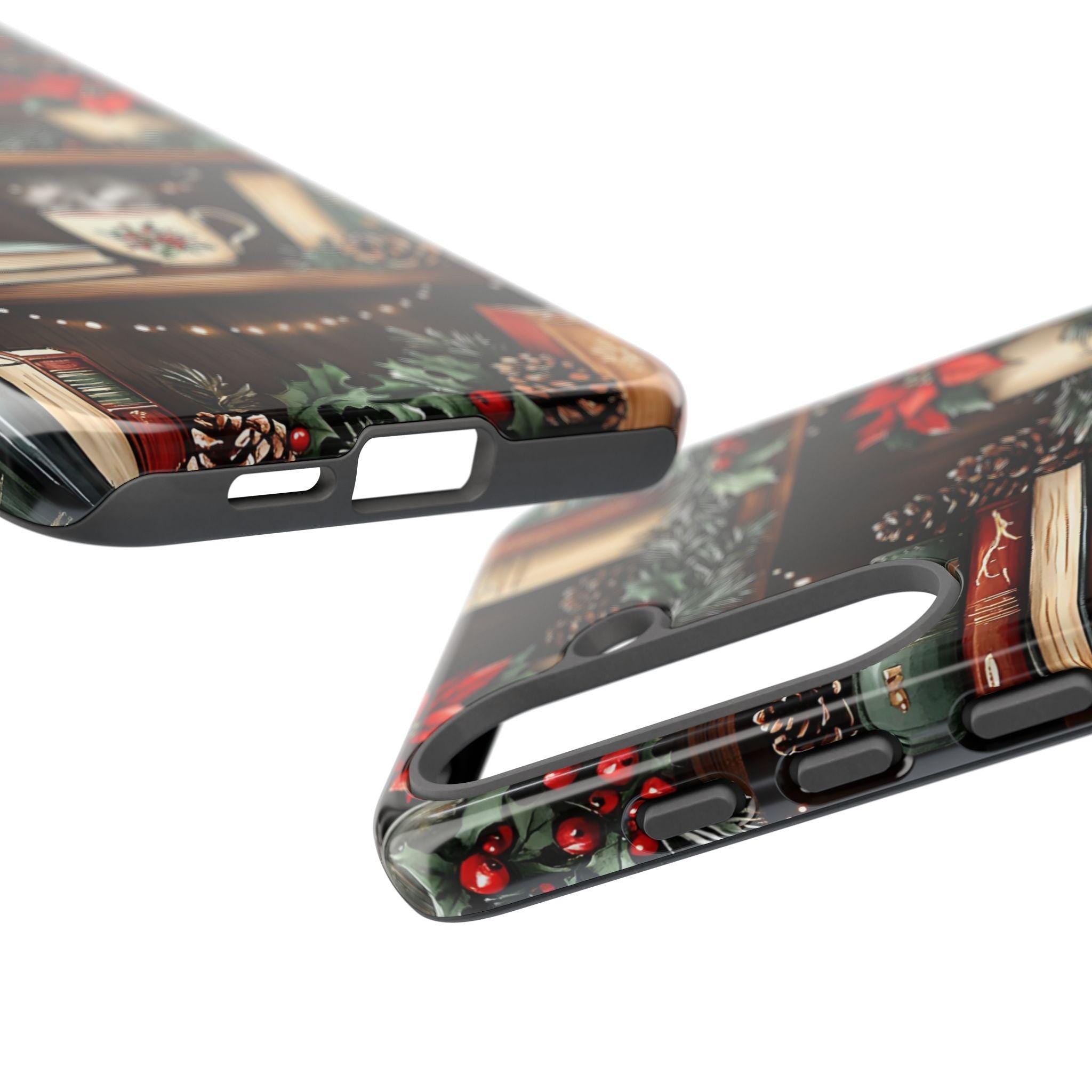 Bookish Christmas Phone Case: Cozy Holiday Bookshelf Design