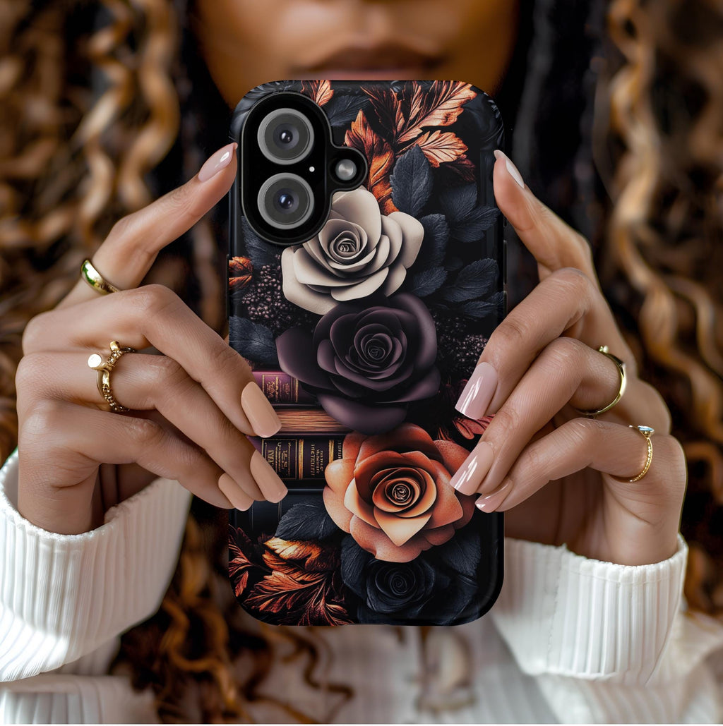 Dark Floral Bookshelf Phone Case: Book Lover Gift