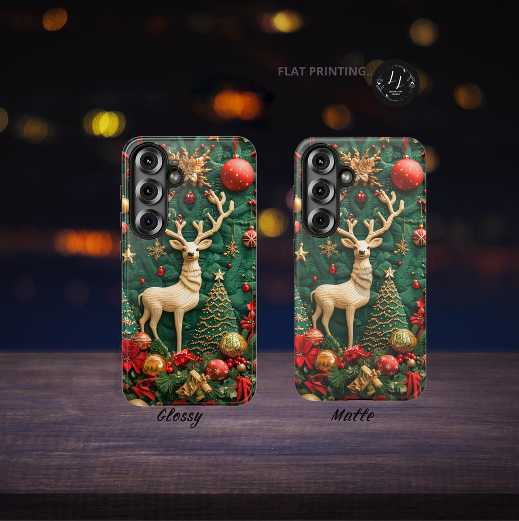 Christmas Reindeer Phone Case: Faux Embroidered Winter Green Design Unique iPhone, Galaxy and pixel