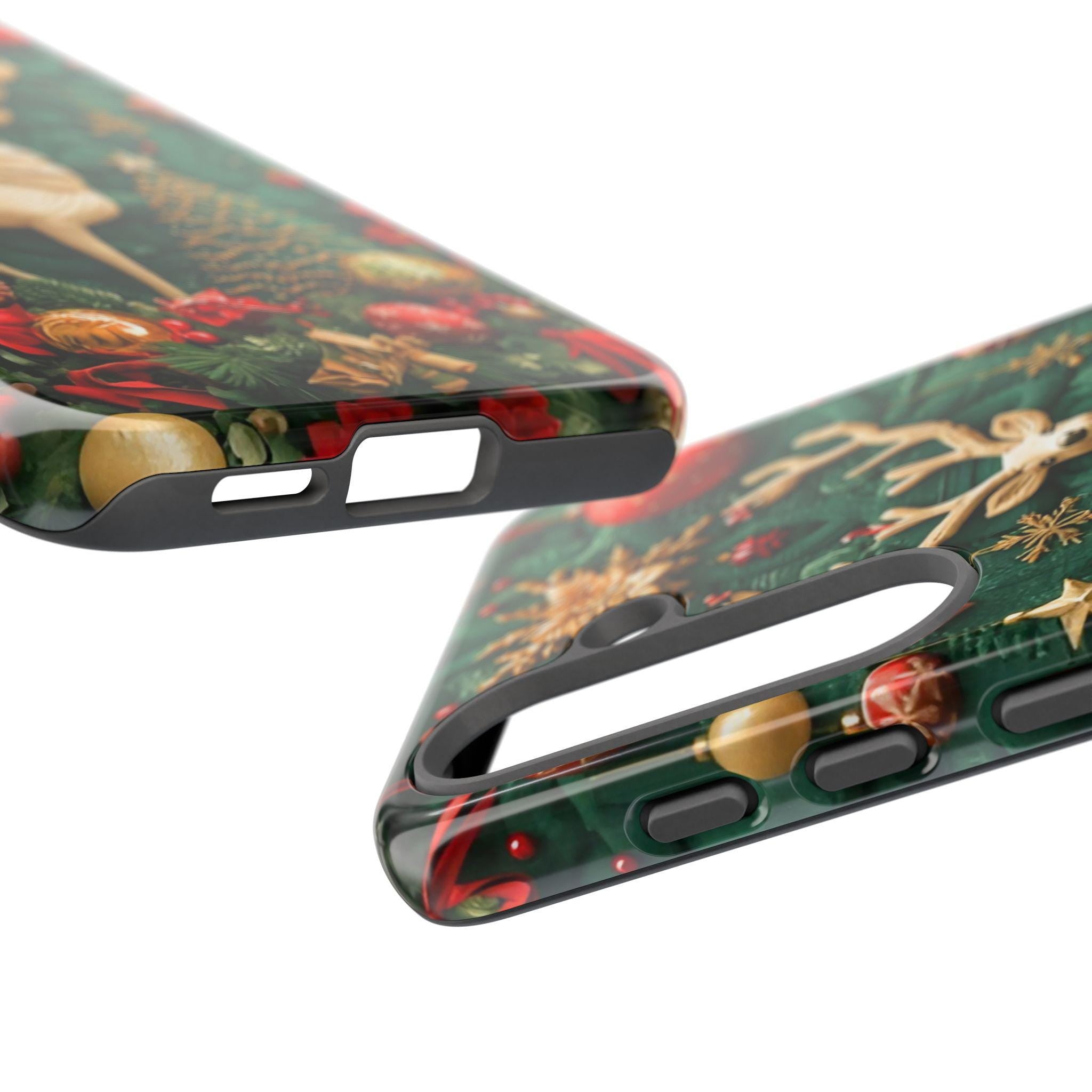 Christmas Reindeer Phone Case: Faux Embroidered Winter Green Design Unique iPhone, Galaxy and pixel