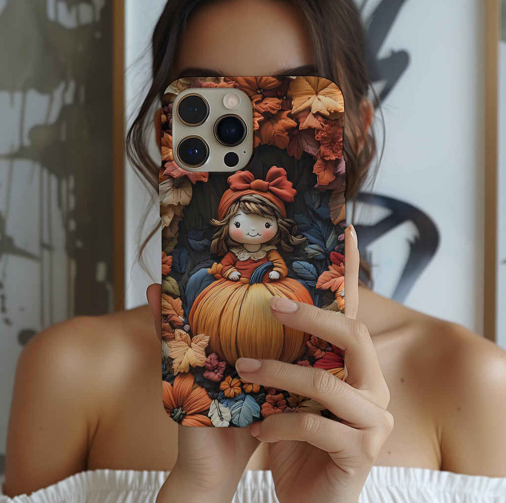 Autumn Girl and Pumpkin Phone Case, Embroidered Effect Fall iPhone Galaxy Pixel covers