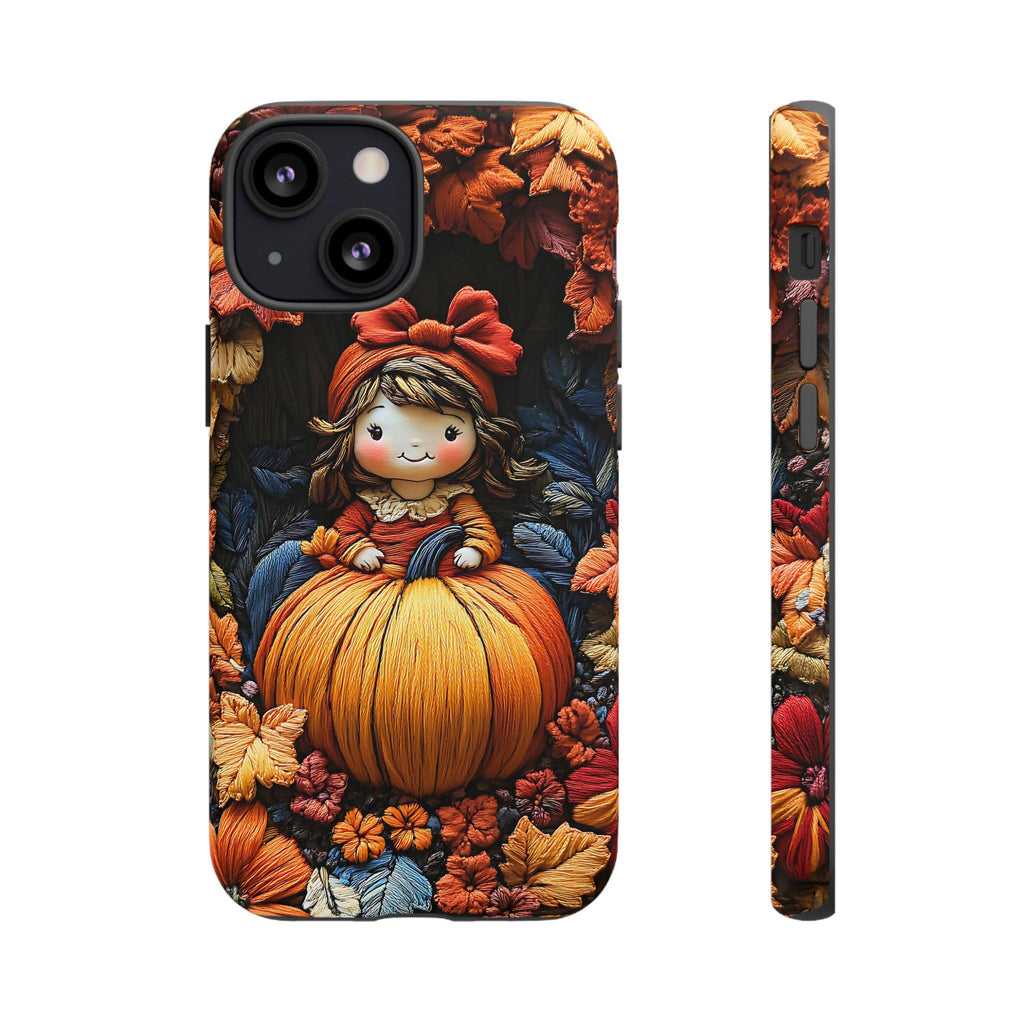 Autumn Girl and Pumpkin Phone Case, Embroidered Effect Fall iPhone Galaxy Pixel covers