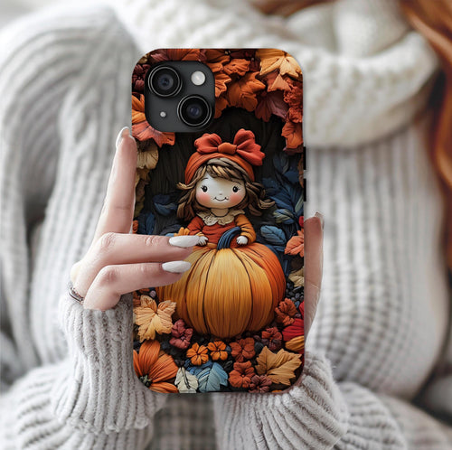 Autumn Girl and Pumpkin Phone Case, Embroidered Effect Fall iPhone Galaxy Pixel covers