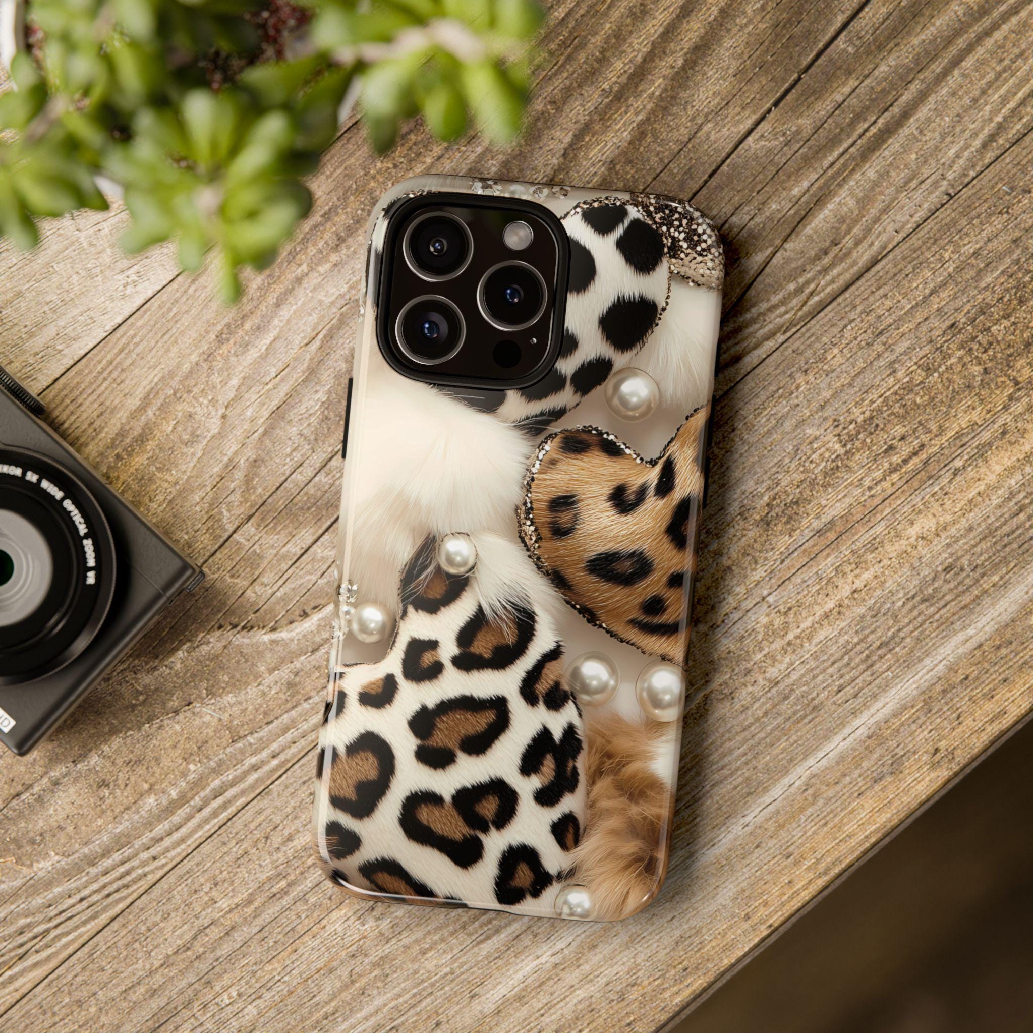 Leopard Print Hearts Phone Case: Glam Animal Print iPhone, Galaxy, Pixel