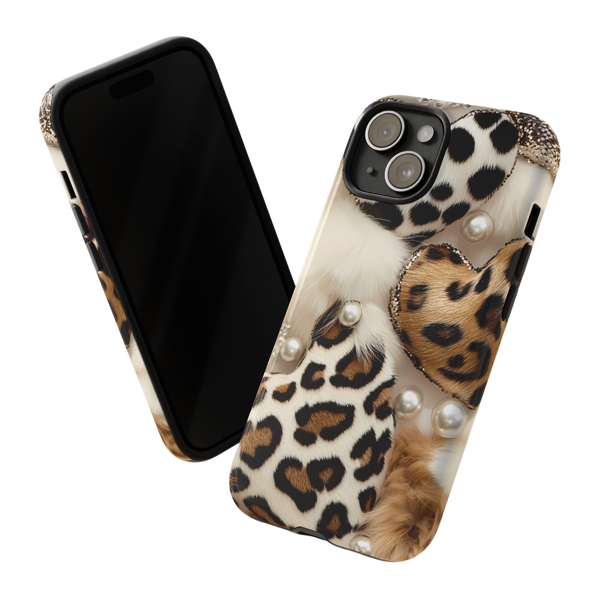 Leopard Print Hearts Phone Case: Glam Animal Print iPhone, Galaxy, Pixel