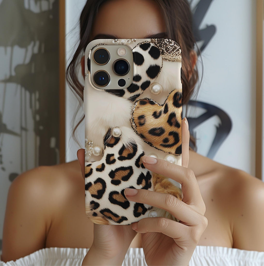 Leopard Print Hearts Phone Case: Glam Animal Print iPhone, Galaxy, Pixel
