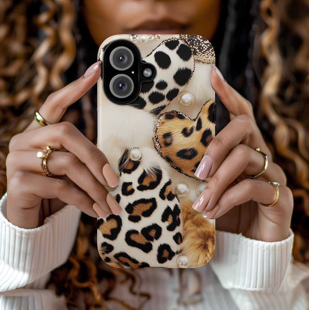 Leopard Print Hearts Phone Case: Glam Animal Print iPhone, Galaxy, Pixel