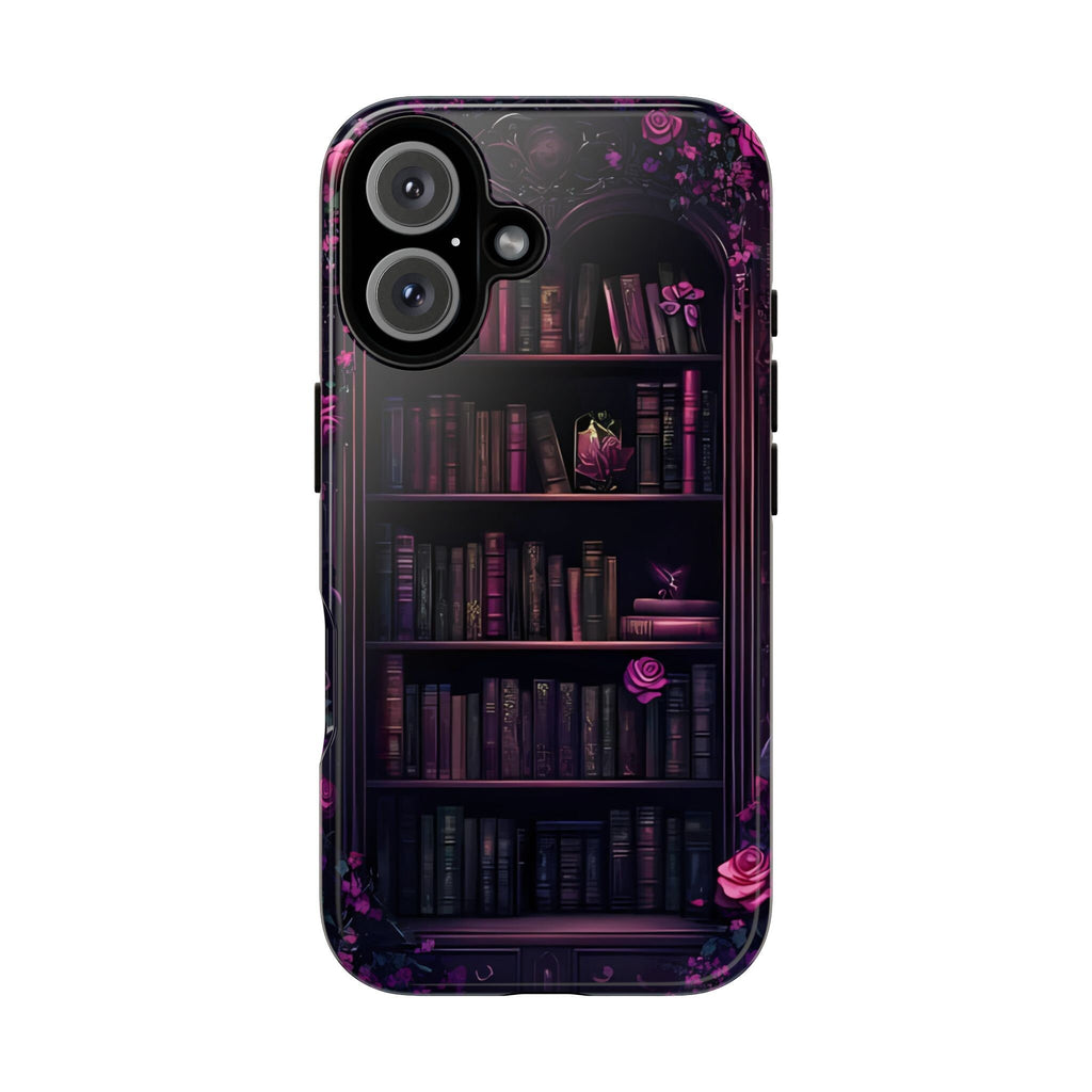 Gothic Bookshelf Phone Case: Dark Purple Roses, Book Lover Gift, Literary Cover