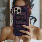 Gothic Bookshelf Phone Case: Dark Purple Roses, Book Lover Gift, Literary Cover
