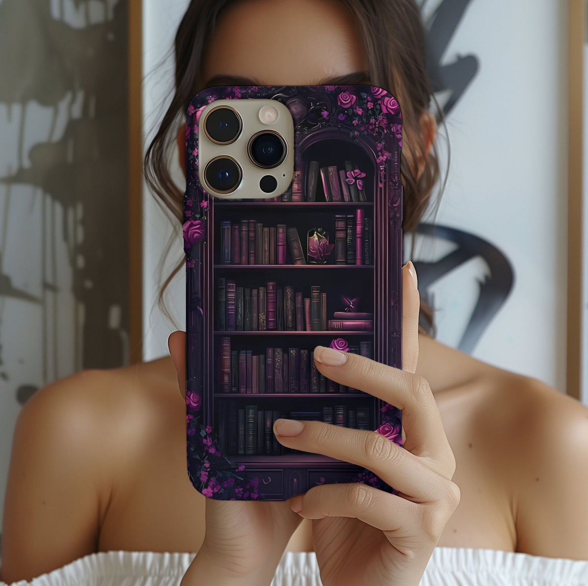 Gothic Bookshelf Phone Case: Dark Purple Roses, Book Lover Gift, Literary Cover
