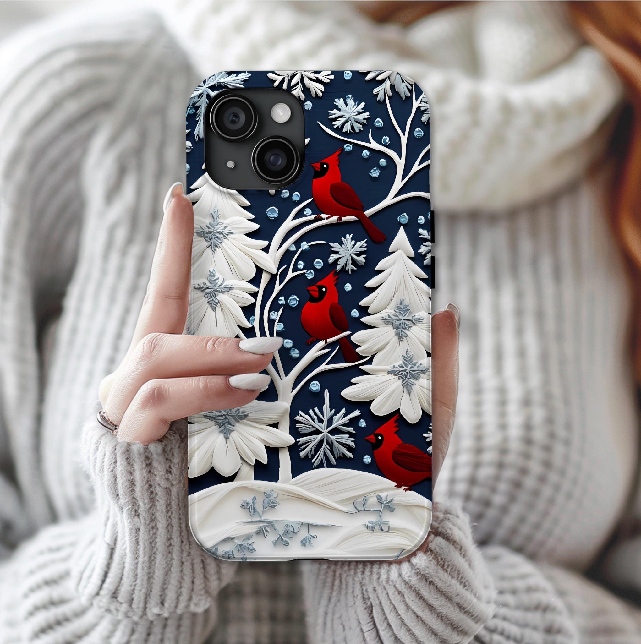 Winter Cardinal Snowflake Phone Case, Festive Holiday Design iPhone Galaxy Pixel