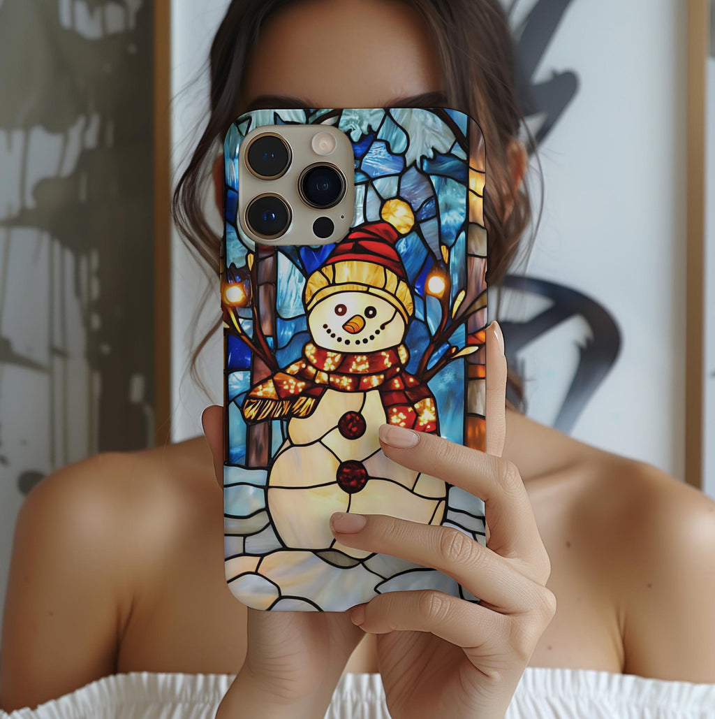 Faux Stained Glass Snowman Christmas Phone Case,  Festive Winter Touch Cover, iPhone, Galaxy, pixel