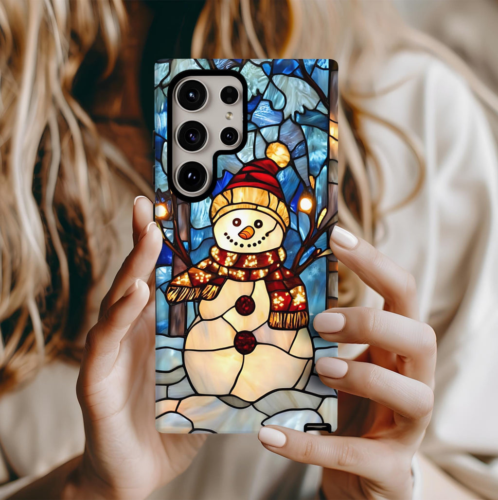 Faux Stained Glass Snowman Christmas Phone Case,  Festive Winter Touch Cover, iPhone, Galaxy, pixel