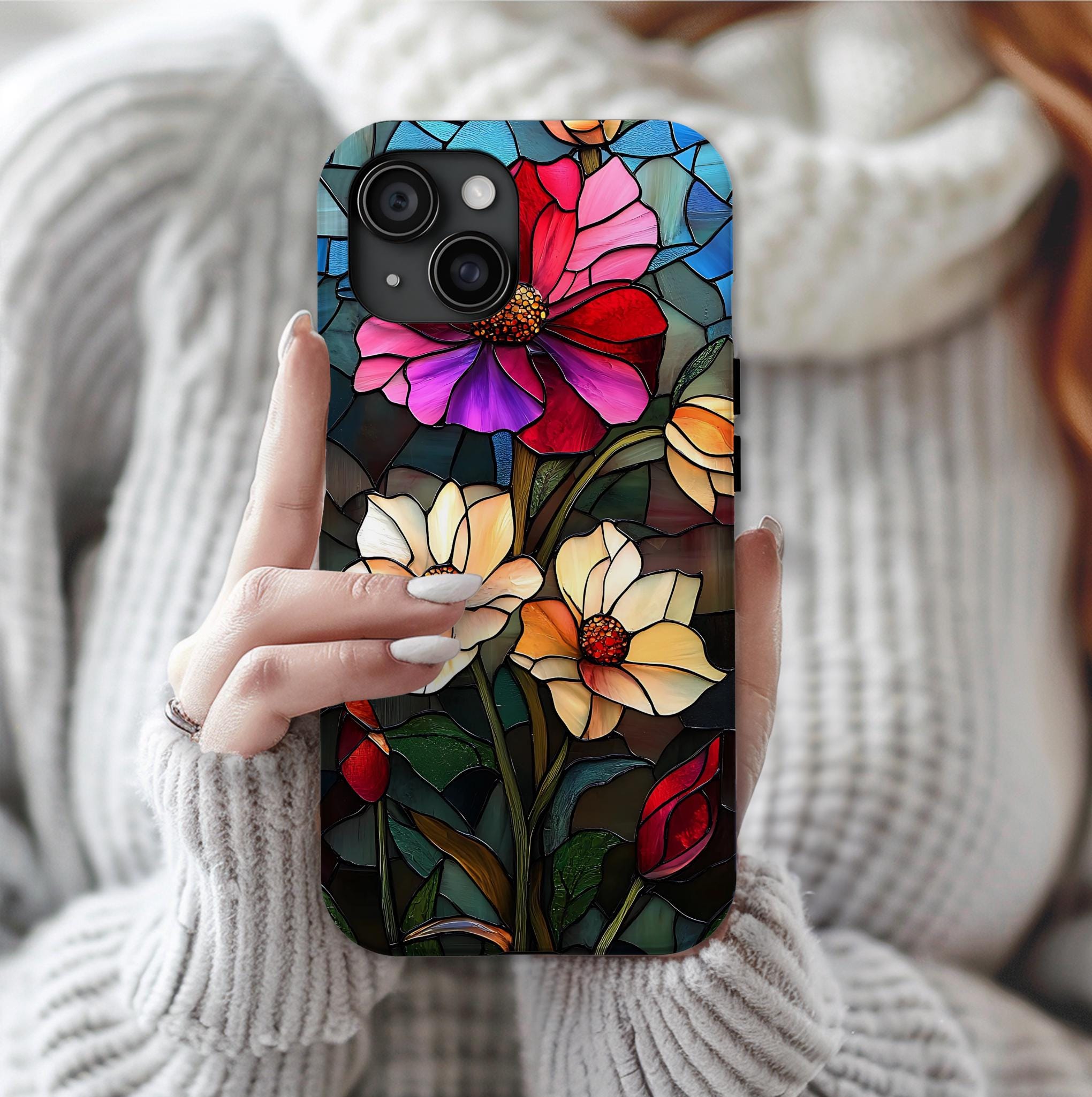 Floral Faux Stained Glass Tough Phone Case: Botanical Design